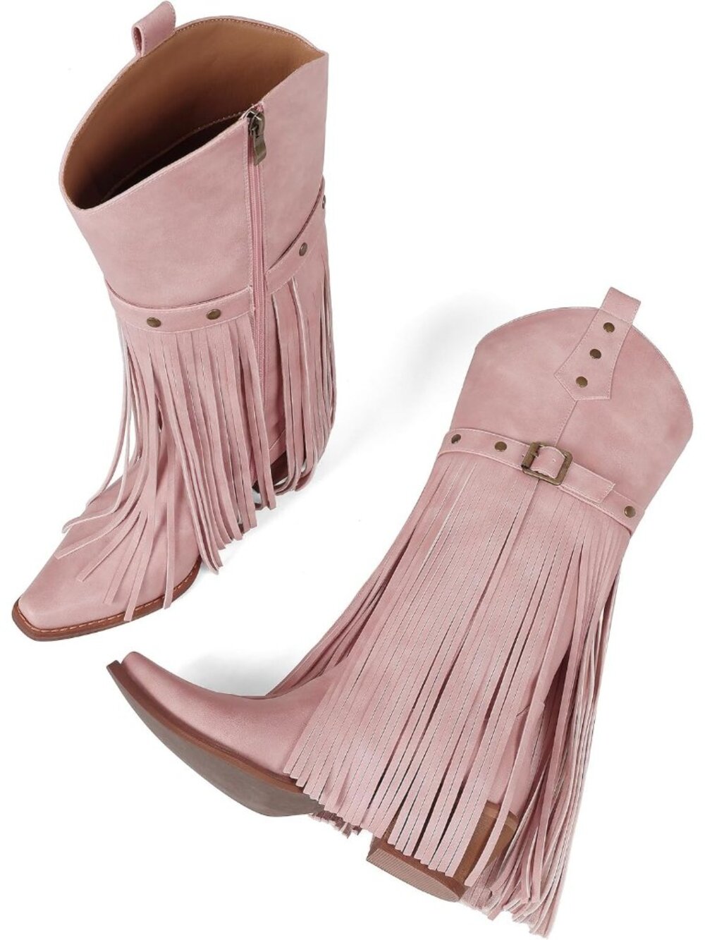 Women 01-Pink Leather Pull On Block Chunky Suede Fringe Cowboy Pointed Toe Boot - Picture 4 of 6